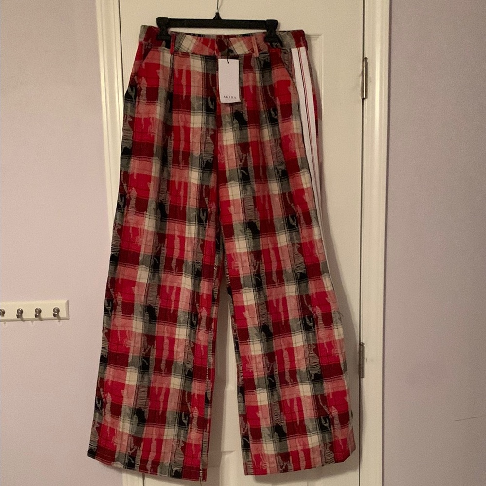 AKIRA Red Plaid Wide Leg Pants